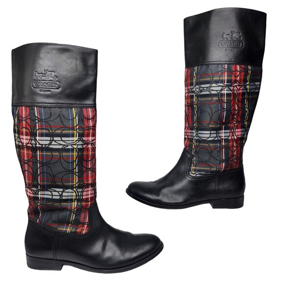 Coach Shoes Womens 8.5 Black Red Plaid Tartan Leather Knee High Heeled Winter - Picture 1 of 12